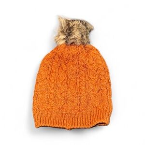 Honey Bean rust brown Orange Knit Beanie with Faux Fur Pom for baby